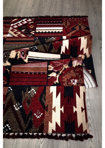 Kırmızı Renkli Afgan Tarzı Altı Kaymaz Yıkanabilir Şönil Kilim