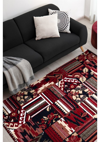 Kırmızı Renkli Afgan Tarzı Altı Kaymaz Yıkanabilir Şönil Kilim