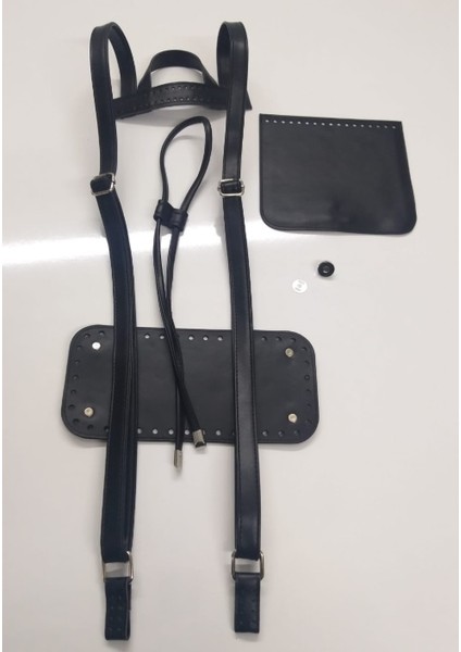 Suni Deri Siyah Renk Gümüş Metal Sırt Çanta Seti