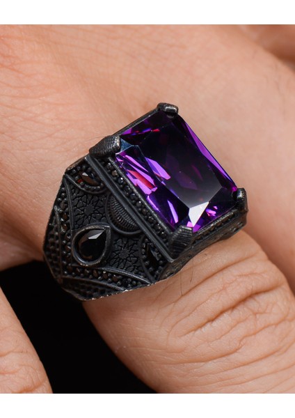 Gümüş 925 Ayar Gümüş Erkek Yüzüğü Ametist Taşlı Zirkon Taş Süslemeli