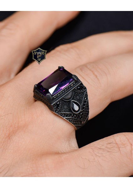 Gümüş 925 Ayar Gümüş Erkek Yüzüğü Ametist Taşlı Zirkon Taş Süslemeli fiyatları