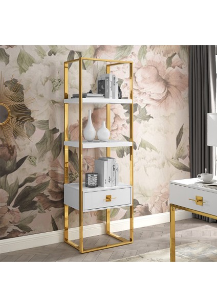 Rihanna Gold Metal Beyaz Çalışma Masası ve 2 Adet Kitaplık