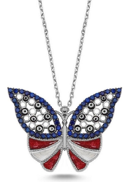 Lacivert Taşlı Kırmızı Mineli Sır Kelebek Kolye