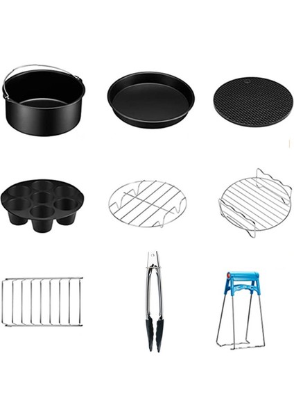 9 Adet Yui / Xiaomi / Philips / Kumtel Uyumlu 6 Inç Air Fryer Aksesuar Seti - Siyah (Yurt Dışından)