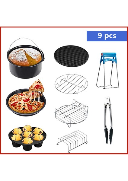 9 Adet Yui / Xiaomi / Philips / Kumtel Uyumlu 6 Inç Air Fryer Aksesuar Seti - Siyah (Yurt Dışından)
