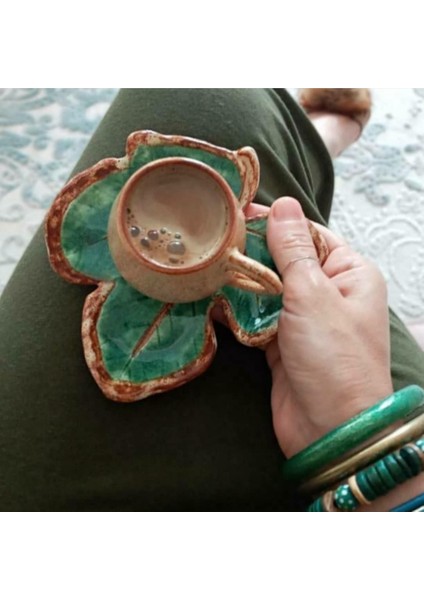 Tulu Seramik Tulû Seramik Incir Yaprak Tasarım Bej El Yapımı Seramik Türk Kahvesi Fincanı