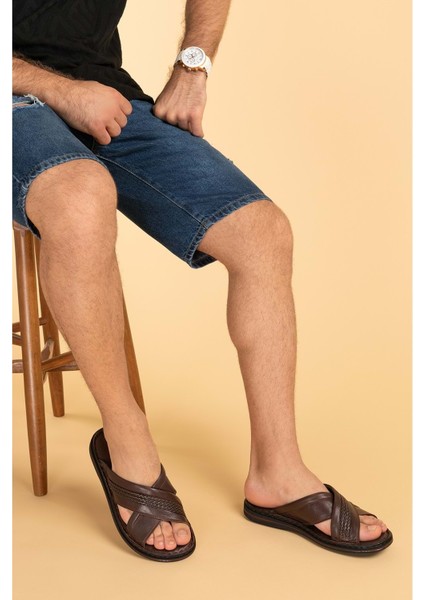 Erkek Hakiki Deri Comfort Yumuşak Taban Günlük Terlik KML.173 - Kahverengi - 45