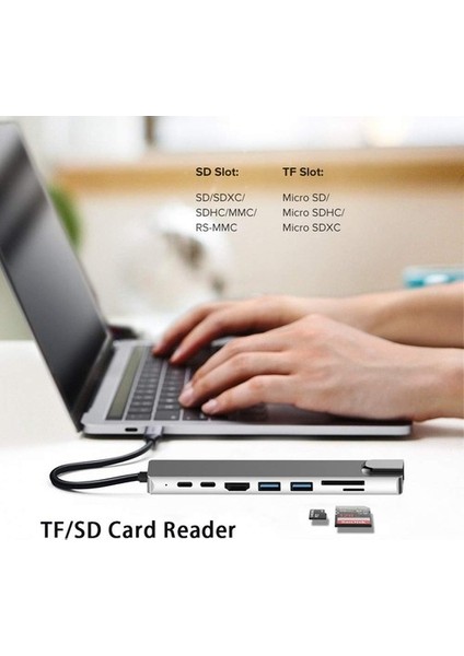 Cf10 Macbook Uyumlu 8ın1 Type-C™ To 4K HDMI Tv Projeksiyon Ultra Hd 1080P 2* Type-C 2* USB 3.0  Ethernet Lan 2* Sd Çevirici Hub Adaptör