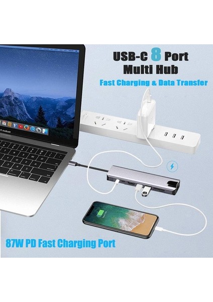 Cf10 Macbook Uyumlu 8ın1 Type-C™ To 4K HDMI Tv Projeksiyon Ultra Hd 1080P 2* Type-C 2* USB 3.0  Ethernet Lan 2* Sd Çevirici Hub Adaptör