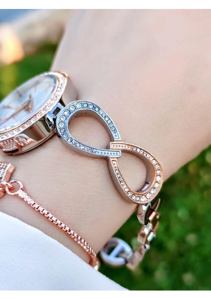 Özel Bronz Kaplama Elite Modeli Swarovski Taşlı 30 mt Su Geçirmez+Bileklik Lady Wristwatch RES.170041-A