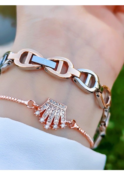 Özel Bronz Kaplama Elite Modeli Swarovski Taşlı 30 mt Su Geçirmez+Bileklik Lady Wristwatch RES.170041-A