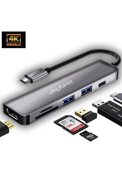 Ch-13/c Macbook Uyumlu 6ın1 Type-C To 2* USB 3.0 Sd Tf 4K Hd 1080P HDMI Pd Kart Okuyucu Çevirici Adaptör