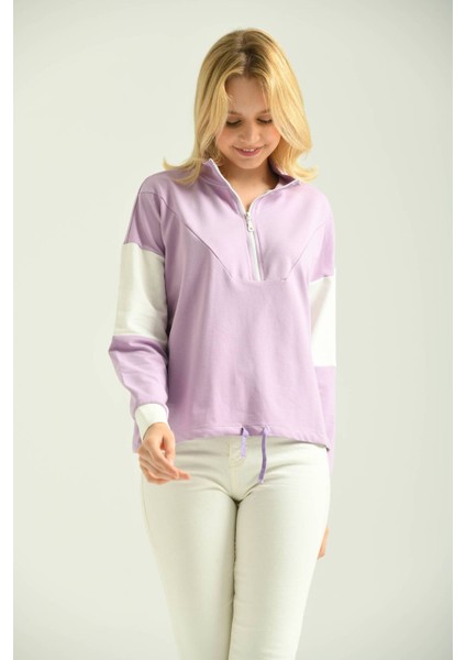 Lila Fermuarlı Basic Örme Renk Bloklu Ince Sweatshirt