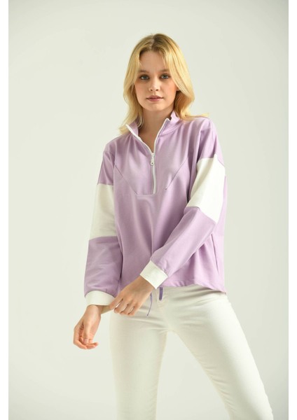 Lila Fermuarlı Basic Örme Renk Bloklu Ince Sweatshirt