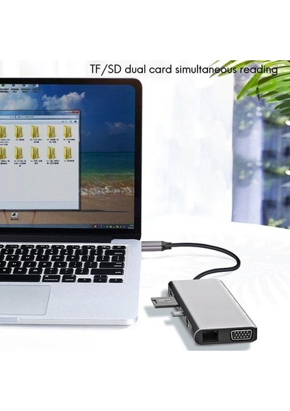 Cf-31 Macbook Uyumlu 11IN1 Type-C™ Usb-C To 4* USB 3.0 4K 1080P Hd HDMI VGA 1000 Mbps RJ45 Pd Aux Ses Sd Tf Kart Çevirici Adaptör