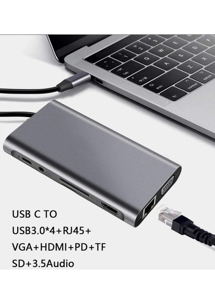 Cf-31 Macbook Uyumlu 11IN1 Type-C™ Usb-C To 4* USB 3.0 4K 1080P Hd HDMI VGA 1000 Mbps RJ45 Pd Aux Ses Sd Tf Kart Çevirici Adaptör