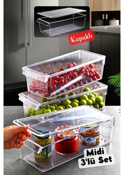 Nandy Home Kapaklı Midi Tall Clear Buzdolabı & Dolap Içi Düzenleyici Organizer 3 Adet