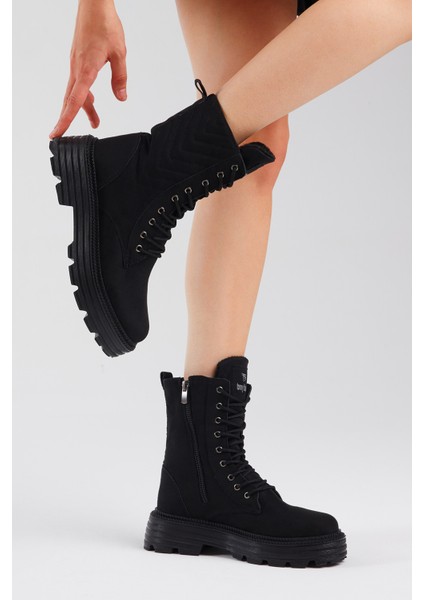 Kadın Siyah Süet Desenli Rahat Kalıp Bağcıklı Bot modelleri