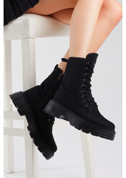 Kadın Siyah Süet Desenli Rahat Kalıp Bağcıklı Bot fırsatları