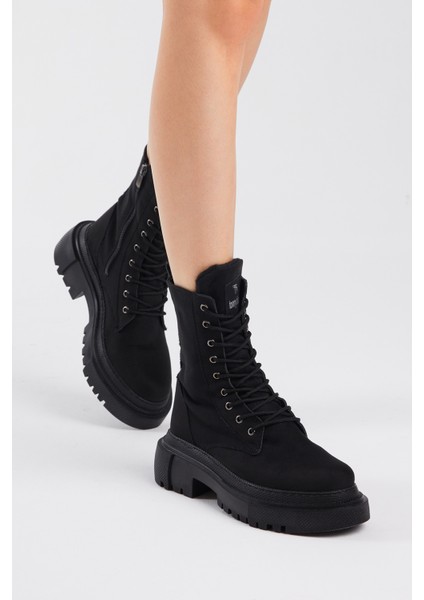 Kadın Siyah Süet Rahat Kalıp Bağcıklı Uzun Bot modelleri