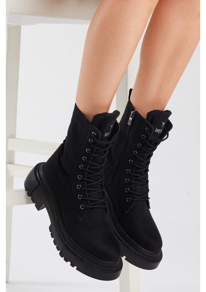 Kadın Siyah Süet Rahat Kalıp Bağcıklı Uzun Bot indirimleri