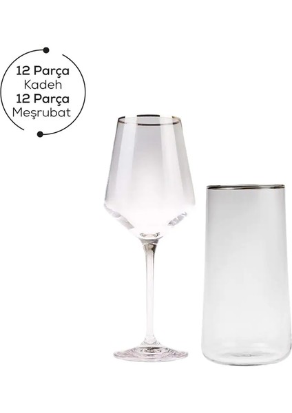 Ines 24 Parça 12 Kişilik Platin Bardak Seti