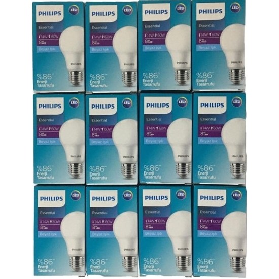 Philips E-27 Duylu 8 Watt Beyaz Işık LED Ampul ( 12'li Paket )