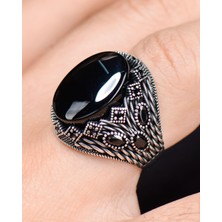 Prestige Gümüş 925 Ayar Gümüş Erkek Yüzüğü Oniks Taşlı Zirkon Taş Süslemeli