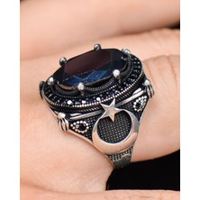 Prestige Gümüş 925 Ayar Gümüş Erkek Yüzüğü Siyah Zirkon Taşlı Ay Yıldız Figürlü