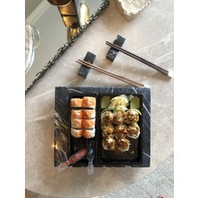 Lux & Marble Sushi Time - Siyah Mermer Sunumluk ve Çubukluk Seti