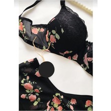 NurPeri İç Giyim Kadın Dolgulu Destekli  Çiçek Desenli Petrol Yeşili Boxer Tip Iç Çamaşır Takımı