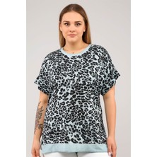 Sea Moda Leopar Desenyanları Yırtmaçlı Yağ Yıkama Kısa Kol Tshirt-Açık Yeşil