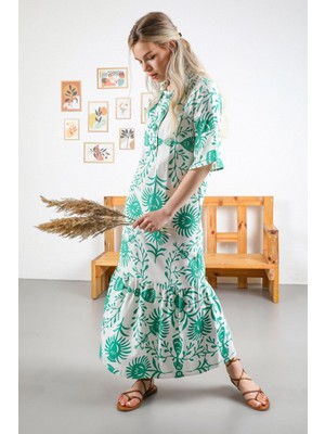Lova Norve Viskon Keten Kumaş Çiçek Desenli Rahat Kalıp Uzun Kadın Elbise