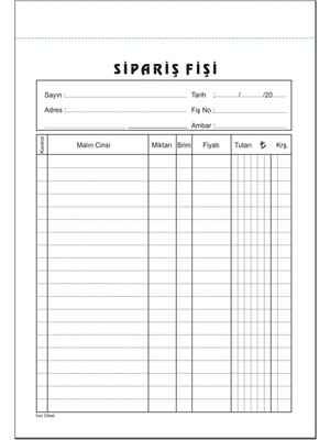 İnci Sipariş Fişi  A5 Otokopili 2 Nüsha 6 Cilt