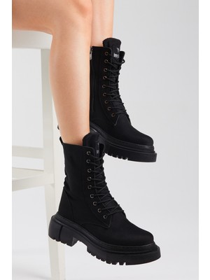 Tonny Black Kadın Siyah Süet Rahat Kalıp Bağcıklı Uzun Bot