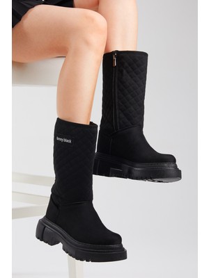 Tonny Black Kadın Siyah Süet Kapitone Desenli Rahat Kalıp Uzun Bot