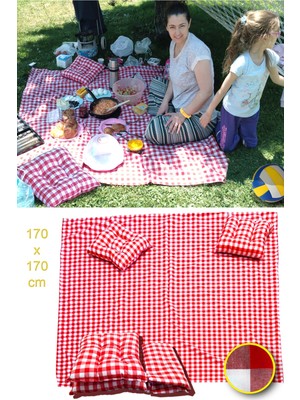 Cartoon Piknik Seti Kırmızı Piknik Örtüsü Büyük Boy Örtüsü Masa Örtü 170X170 cm 2 Minder Hediyeli (40X40CM)