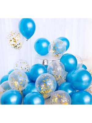 Best Parti Gold Konfetili Mavi  Balon Seti