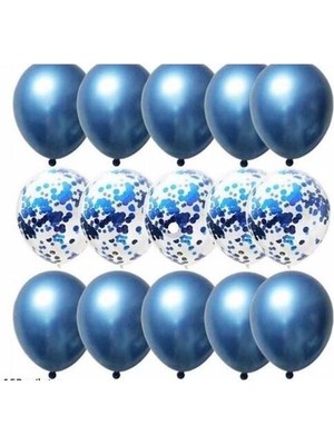 Krom Mavi ve Şeffaf Konfetili Balon Seti