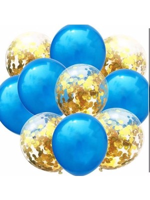 Metalik Mavi ve Gold Konfetili Şeffaf Balon Seti