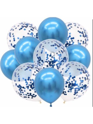 Metalik Mavi ve Mavi Konfetili Şeffaf Balon Seti