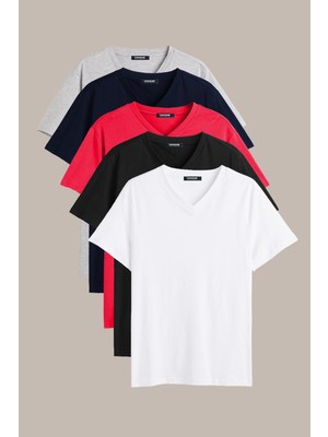 Comeor Erkek Çok Renkli %100 Pamuk T- Shirt Regular Fit Rahat Kesim V Yaka 5'li Basic Tişört Paketi