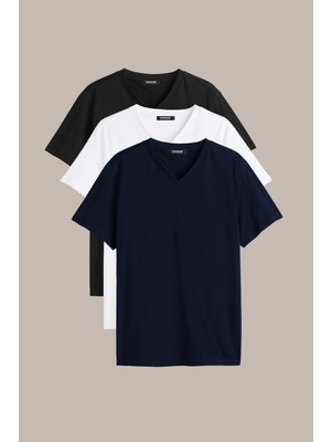 Comeor Erkek Çok Renkli %100 Pamuk T- Shirt Regular Fit Rahat Kesim V Yaka 5'li Basic Tişört Paketi