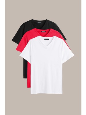Comeor Erkek Çok Renkli %100 Pamuk T- Shirt Regular Fit Rahat Kesim V Yaka 5'li Basic Tişört Paketi