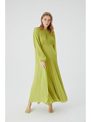 Manuka Pelerinli Plise Elbise Yeşil