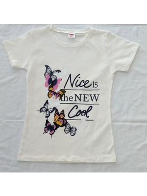 Aybeyce Nice is the New Cool Baskılı  Kız Çocuk Tshirt-Tayt Takım 9-12 Yaş Ekru