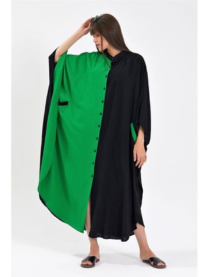 Keyifli Moda Kadın Siyah Yeşil Renk Bloklu Cepli Sırtı Balık Nakışlı Oversize Uzun Elbise