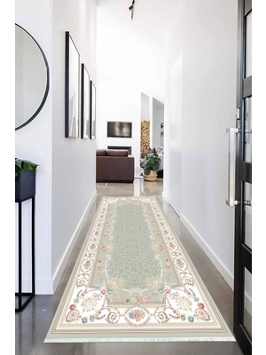 Napoli Home Dijital Baskılı Kaymaz Taban Yıkanabilir Çiçekli Çerçeveli Koridor Halısı Yolluk NHU-HK-173