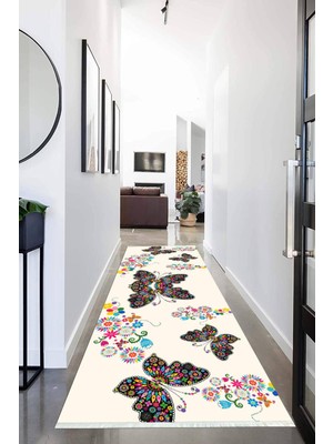 Napoli Home Dijital Baskılı Kaymaz Taban Yıkanabilir Kelebek Desenli Koridor Halısı Yolluk NHU-HS-514