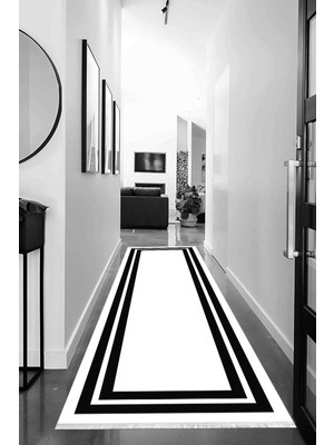 Napoli Home Dijital Baskılı Kaymaz Taban Yıkanabilir Siyah Çerçeveli Beyaz Koridor Halısı Yolluk NHU-HS-552